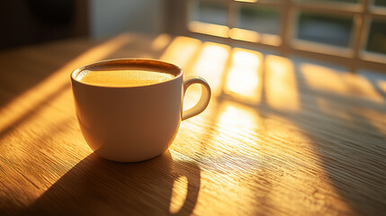 Warm Coffee Cup Bathed in Golden Sunlight on Wooden Table