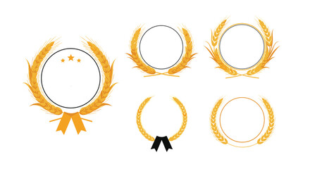 A collection of golden wheat wreath designs with circular frames, some featuring ribbons or stars, perfect for logos, emblems, badges, or award certificates, symbolizing quality and achievement.