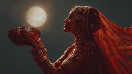 Woman silhouette holding bowl under moonlight serene night scene