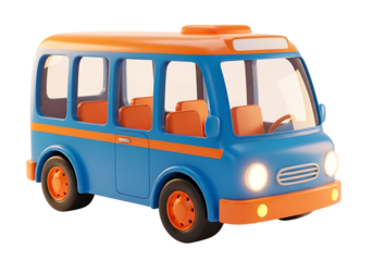 Brightly colored blue and orange toy van with orange seats isolated on transparent background