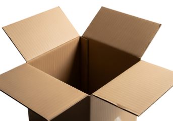 Open cardboard shipping box with flaps extended showing interior isolated on transparent background