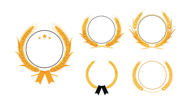A collection of golden wheat wreath designs with circular frames, some featuring ribbons or stars, perfect for logos, emblems, badges, or award certificates, symbolizing quality and achievement.