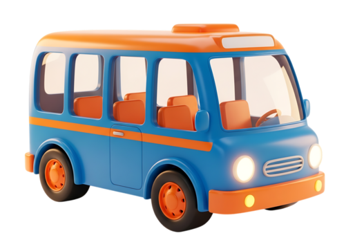 Brightly colored blue and orange toy van with orange seats isolated on transparent background