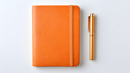 Orange leather notebook elastic band hardcover journal premium stationery minimalist design studio shot orange pen metal pen writing tool clean background sleek texture smooth cover elastic