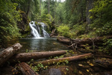Beaver Creek Summer. Scenic View of Waterfall with Logs and Whirlpool in Dense Forest, Oregon