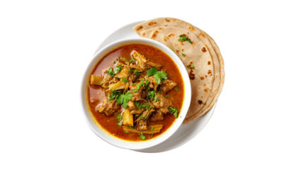 A savory bowl of delicious meat curry garnished with fresh herbs served alongside warm flatbread