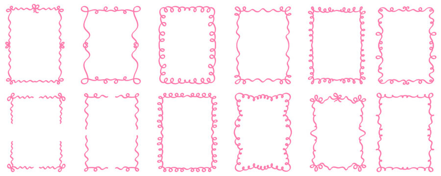 Set of hand drawn coquette frames with wavy lines, bows and ribbons. Curvy vintage whimsical borders. Great for wedding invitations, birthday card, prints.