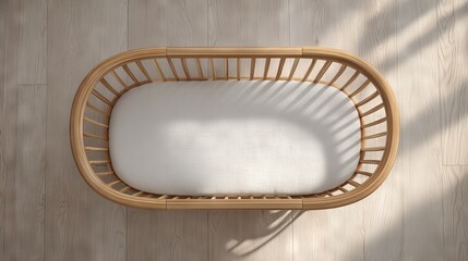 Stylish baby bassinet on wooden floor casting soft shadows of sunlight