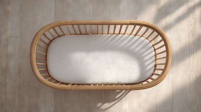 Stylish baby bassinet on wooden floor casting soft shadows of sunlight
