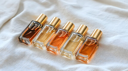 Perfume fragrance glass bottle gold cap mini travel skincare mockupâ€”Elegant perfume fragrance glass bottle gold cap mini travel skincare mockup arranged neat diagonal row soft white fabric