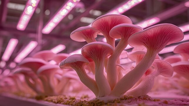 Cultivated pink oyster mushrooms grow under artificial light, exhibiting a delicate, vibrant hue. The controlled environment ensures ideal growth conditions for these edible fungi. - Powered by Adobe