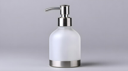 Frosted glass soap dispenser pump stainless steel minimal modern clean bathroom hygiene refillable white bottle on pure background for skincare and home decor calm style
