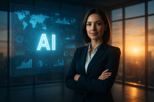Businesswoman Standing with Holographic AI Interface