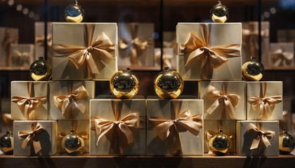 Exclusive Christmas Display with Stacked Gift Boxes and Golden Ornaments