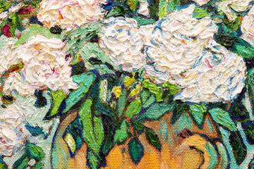Roses. Details of oil painting on canvas. . Free copy based the wonderful painting by a famous artist. Brush strokes and paint texture