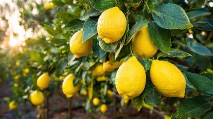 A vibrant lemon orchard basks in the sun's golden glow, showcasing ripe, juicy lemons hanging from lush green trees. Fresh, zesty citrus fruits ready to be picked!