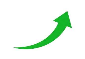 A bright green upward curving arrow indicating progress and growth isolated on transparent background