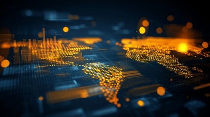 Digital world map with futuristic grid and glowing data points concept