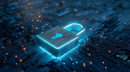 Digital security lock on circuit board for data encryption concept