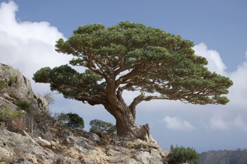 Boswellia Tree on Socotra Island: A Majestic Green Landscape Under the Summer Sky