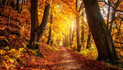 Fototapeta premium Sunlit path winds through an autumn forest of vibrant, golden leaves