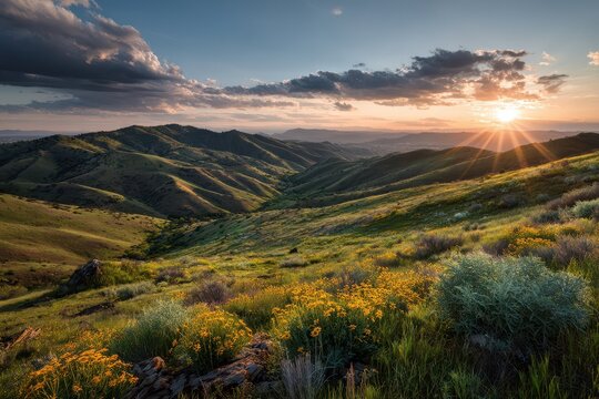Boise Foothills Sunset: A Scenic View of Idaho Landscape with Spring Wildflowers