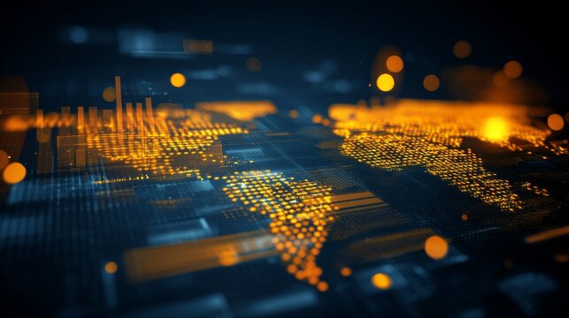 Digital world map with futuristic grid and glowing data points concept
