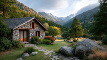 Stone Cottage Nestled In A Verdant Mountain Pasture With Sheep Grazing Under Majestic Peaks At Sunrise With Warm Golden Light Illuminating The Scene And Lush Greenery