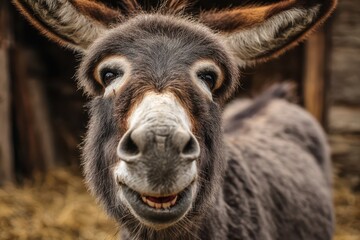 Fototapeta premium Braying Donkey. Closeup of Cute Mini Donkey with Funny Face on Farm