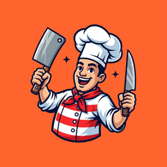 A chef with cleaver and knife, Restaurant emblem icon logo flat vector design