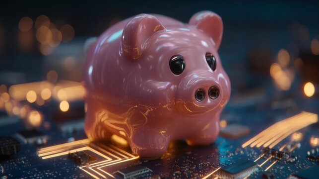 Digital Savings Concept: Piggy Bank on a Computer Circuit Board