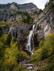 Bridal Veil Falls Utah. Majestic Waterfall Cascading Down Granite Cliff in Provo