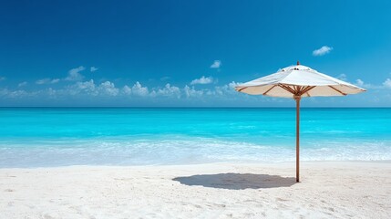 Fototapeta premium A beach scene with pristine white sand meets the turquoise sea under a clear blue sky with a white parasol offering shade in this tranquil tropical getaway. Pure bliss.