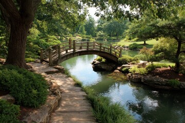 Fototapeta premium Bridge and walkway path in Missouri Botanical Garden with River Views