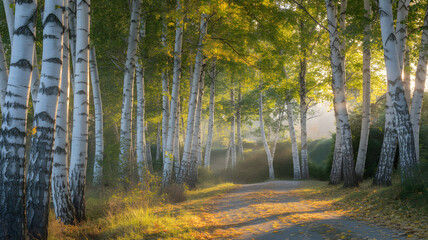 Obraz premium Peaceful Morning Walk Through a Birch Grove