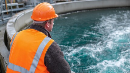 Focused worker in safety gear watches swirling water in a circular tank, ensuring process efficiency and compliance. Safety and environmental stewardship are key.