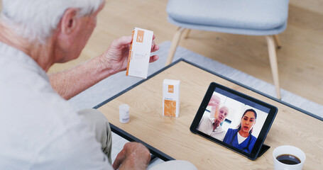 Tablet screen, video call and old man with medicine, doctor and checkup with information. Conversation, home and senior patient with telehealth, tablets and online consultation with pills and app