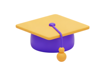 A 3d rendered yellow graduation cap with purple base isolated on transparent background