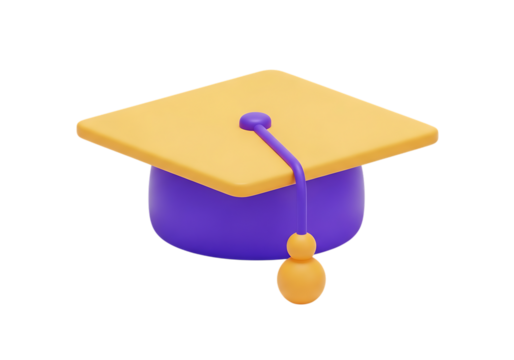 A 3d rendered yellow graduation cap with purple base isolated on transparent background