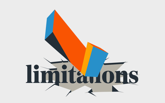 Abstract 3d geometric shape breaking through a cracked surface with the word limitations symbolizing overcoming challenges