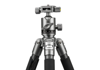 Close up of a silver metal tripod head with articulating legs isolated on transparent background