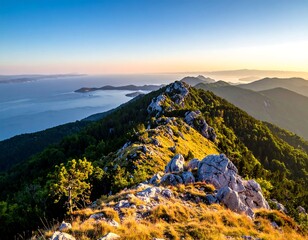 Sunny mountain range with a serene seascape in the background