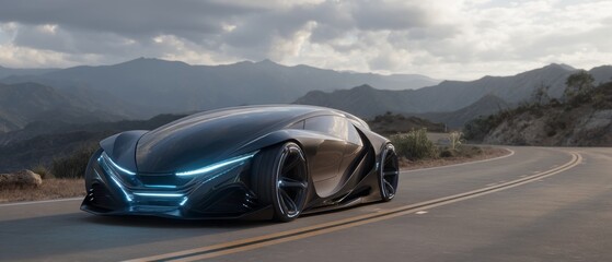 Naklejka premium Futuristic car driving mountain road with stunning cloudscape background