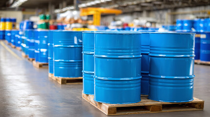 A warehouse scene with a symmetrical arrangement of vibrant blue barrels on wooden pallets, lined up in an industrial setting, showcasing organization and storage solutions.