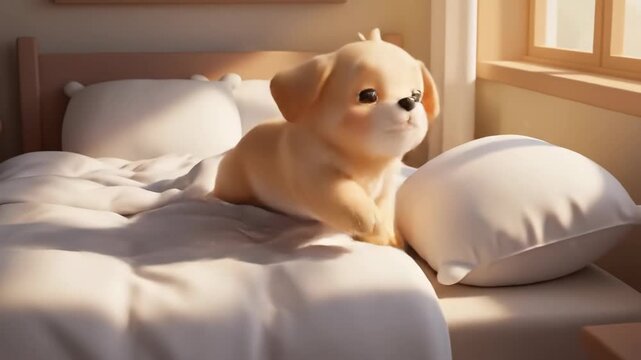 Cute cartoon puppy lying in bed under a blanket. Adorable animated dog for a good morning or cozy animal concept. Footage.