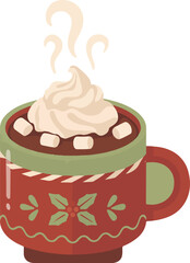 Festive vector hot chocolate mug with whipped cream marshmallows and rising steam ideal for winter holiday designs