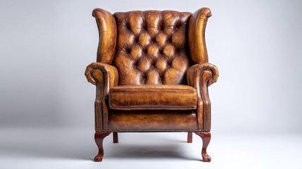 Cozy leather armchair with tufted details offers classic elegance. The perfect accent piece for a den or living room, promising comfort and timeless style.