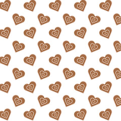 Seamless pattern of heart-shaped cookies with white icing on a white background. Cute and festive design perfect for Valentines Day, Christmas, or holiday packaging