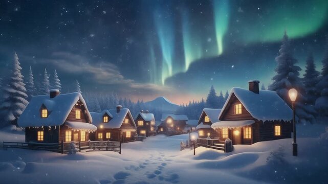 Festive Christmas village scene with decorated tree gifts and aurora borealis a magical holiday background for seasonal greetings and winter