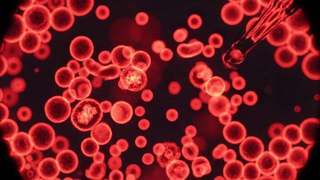 Abstract illustration of red cells and elongated structures with microscopic details and dark background